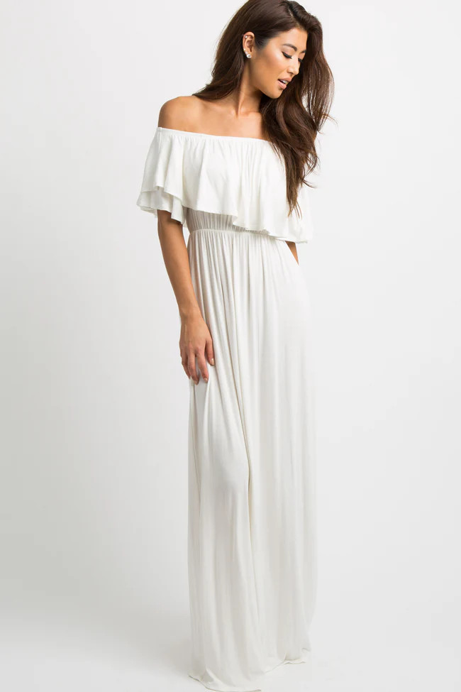 Ivory Off Shoulder Ruffle Trim Maxi Dress | PinkBlush Maternity
