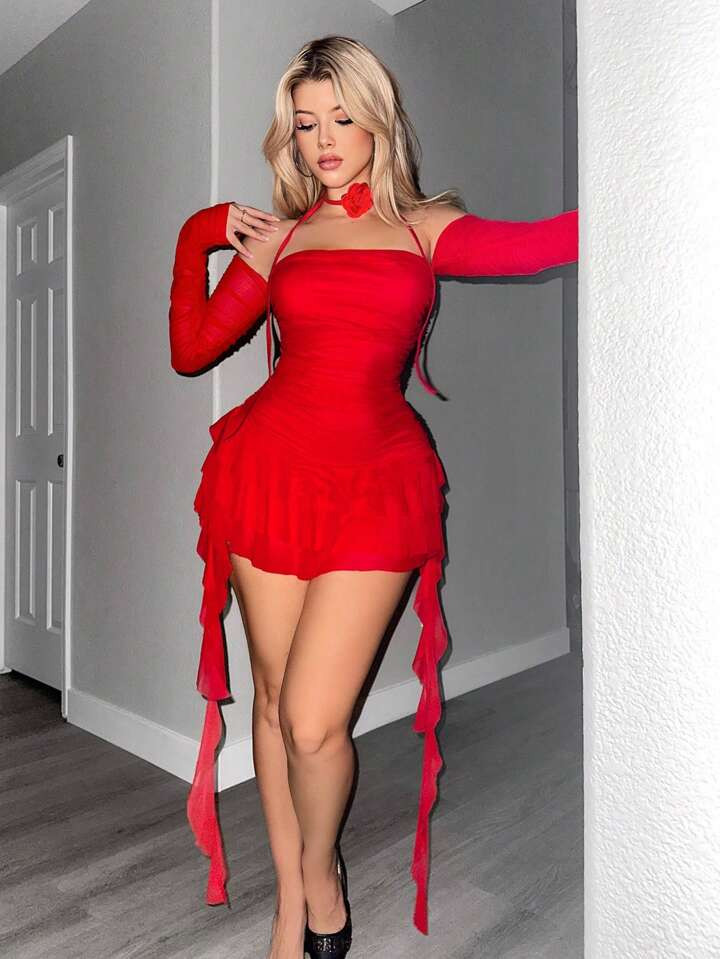 Sweetina Y2k Hot Red Sexy Dress Slim-Fit Double-Layer Mesh See-Through Off Shoulder Fall Dress Wi... | SHEIN