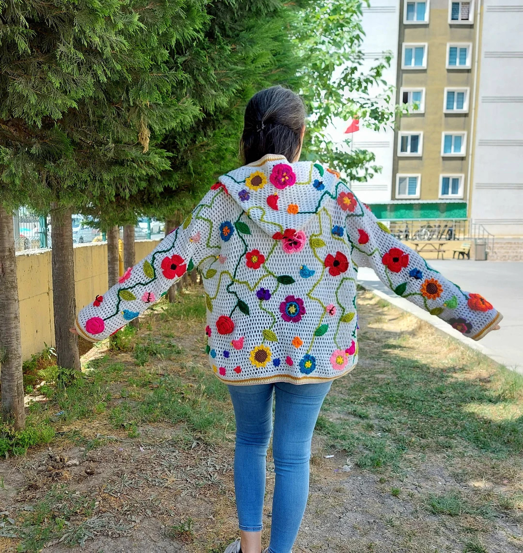 Hooded Crochet Jacket White Boho Coat Floral Women's - Etsy | Etsy (US)