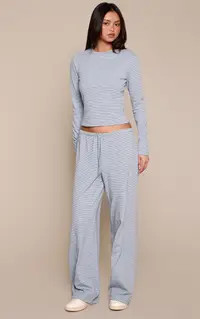Blue Cotton Striped Elasticated Trousers Co-ord | PrettyLittleThing UK