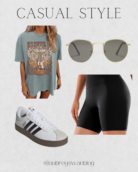 Casual Style! 

Biker shorts, oversized t-shirt womens, adidas court sneaker, small round sunglasses, DSW finds, Amazon finds 