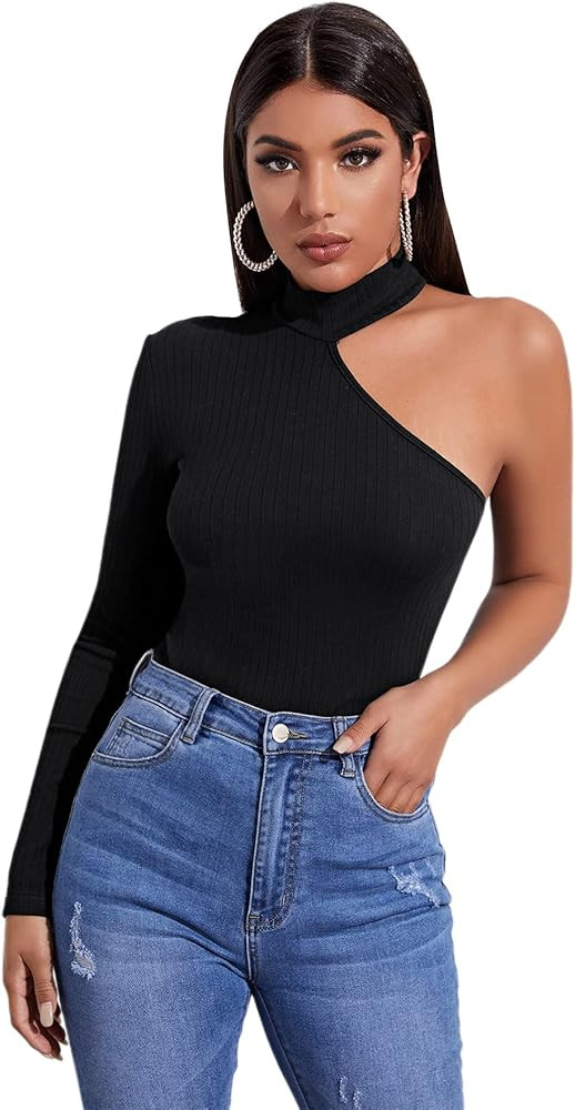 Verdusa Women's Casual Cut Out Asymmetrical Neck Long Sleeve Ribbed Tee Top | Amazon (US)
