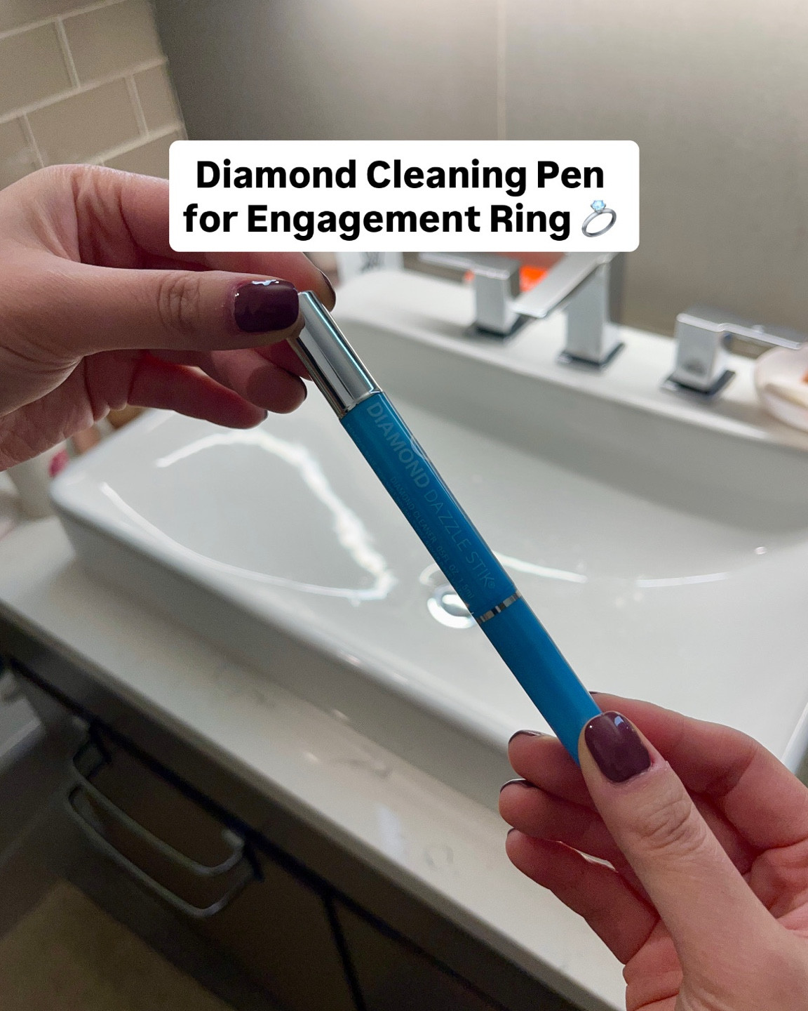 A really easy way to clean your diamond engagement ring at home. Squeeze the bottom nozzle until you see the blue cleaning liquid come out. Really easy to use and then rinse your ring off after to restore its sparkle & shine. 

#LTKWedding #LTKHoliday #LTKGiftGuide