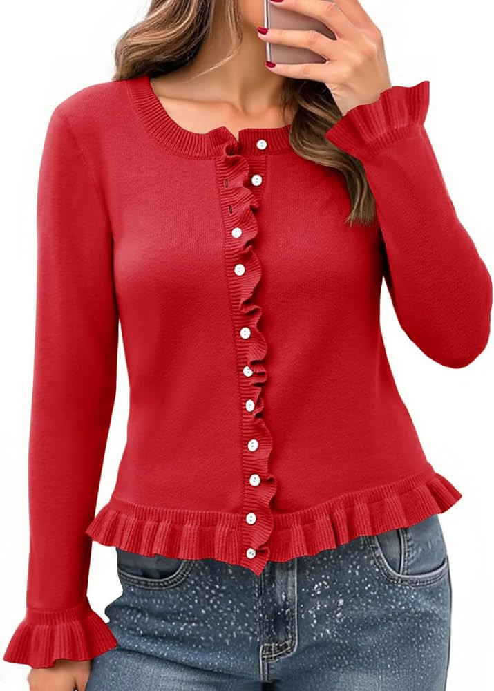 Saodimallsu Womens Ruffle Cardigan Long Sleeve Cropped Sweater | Amazon (US)