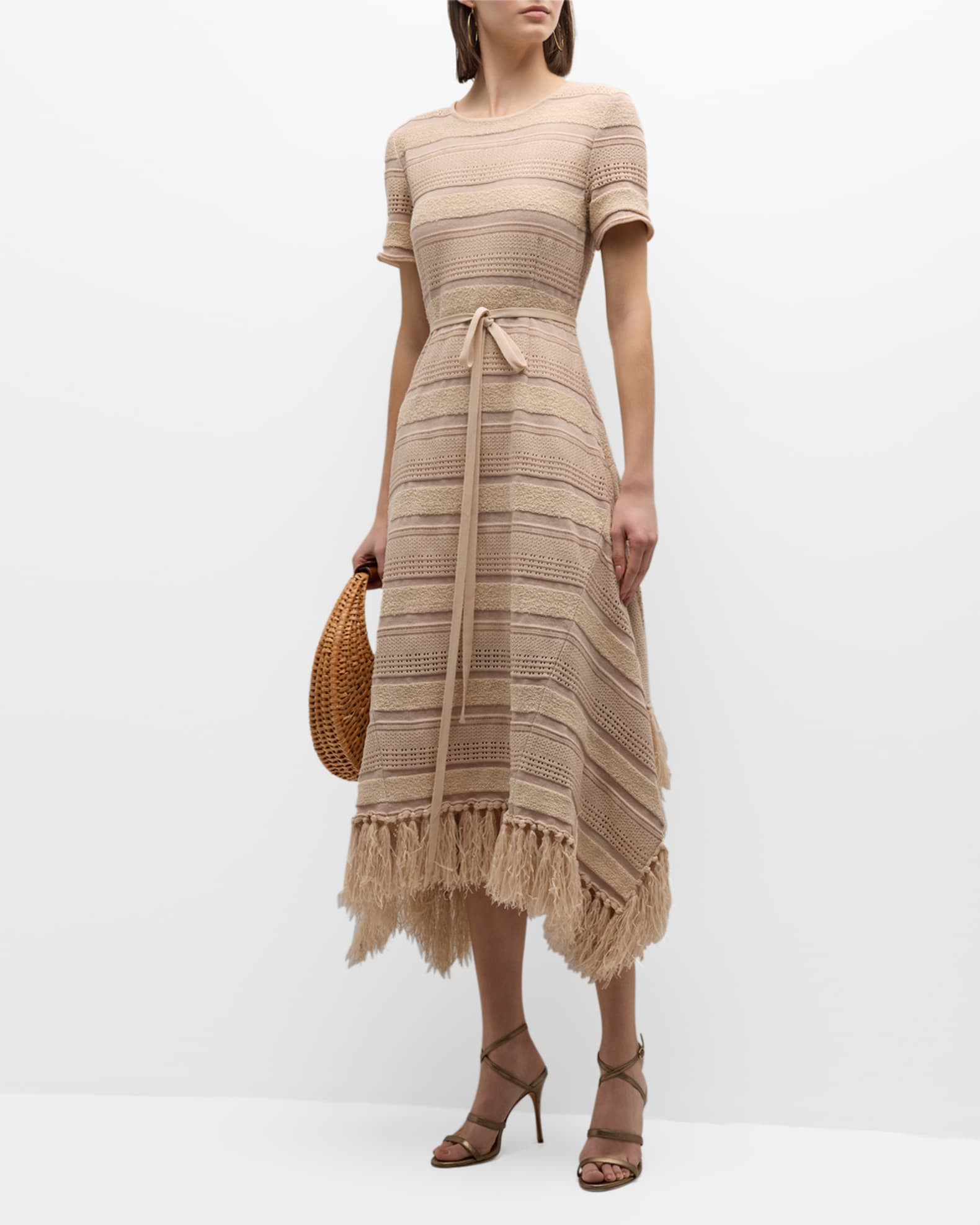 Tasseled Mixed-Stitch A-Line Midi Dress | Neiman Marcus