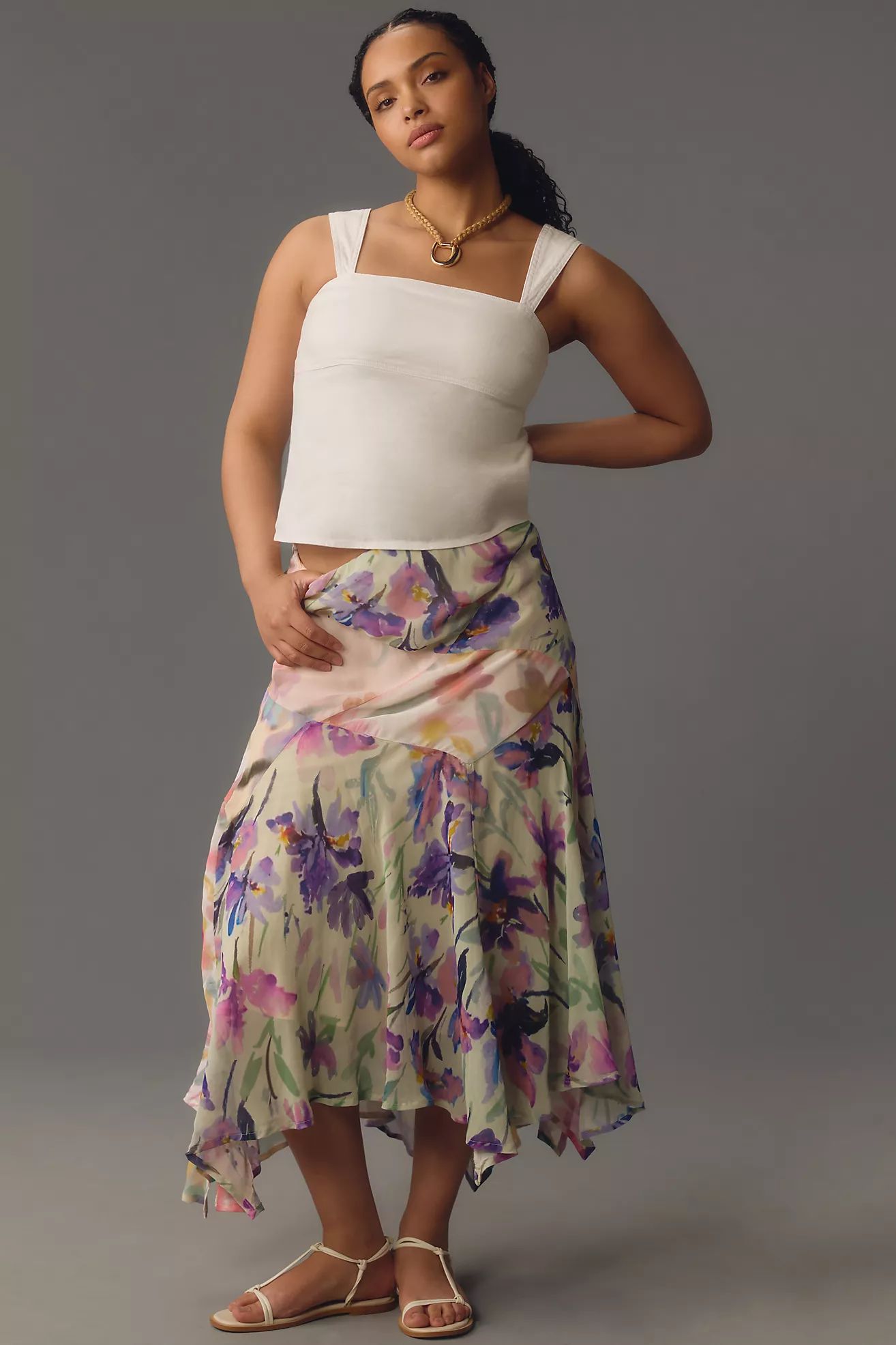 By Anthropologie Asymmetrical Painterly Floral Midi Skirt | Anthropologie (US)