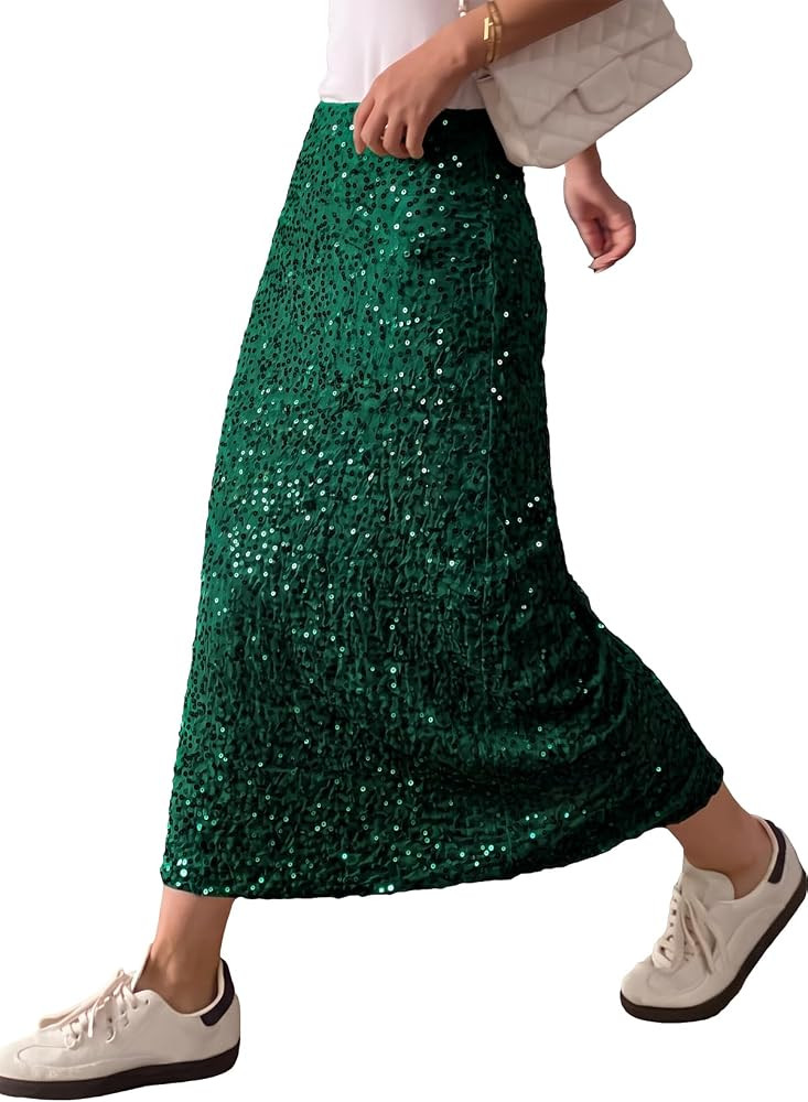BLENCOT Women's Sequin Skirt Elastic Waist A-Line Long Skirt Back Slit | Amazon (US)