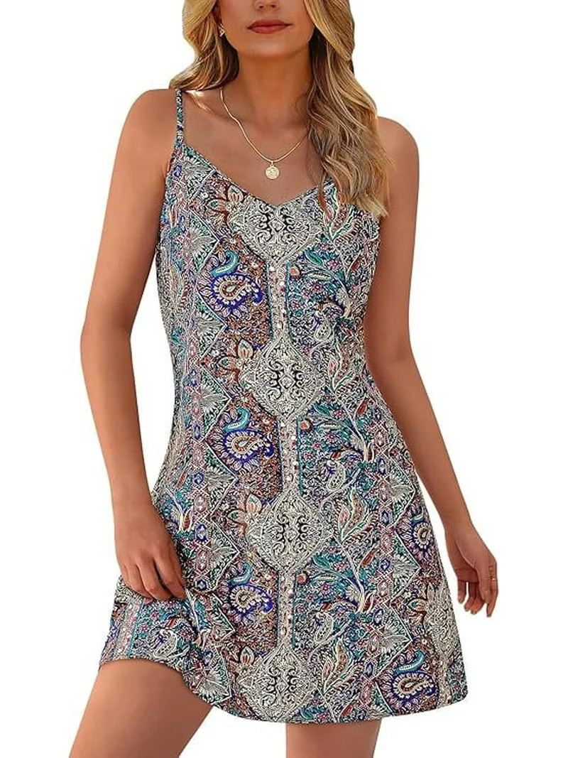 PRETTYGARDEN Spaghetti Strap Mini Dress for Women Summer Beach Boho Vintage Dresses V Neck Sleeve... | Walmart (US)