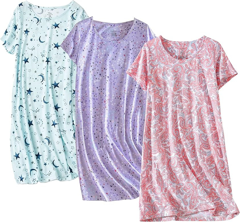 PNAEONG 3 Pack Women's Cotton Nightgown Sleepwear Short Sleeves Shirt Casual Print Sleepdress | Amazon (US)