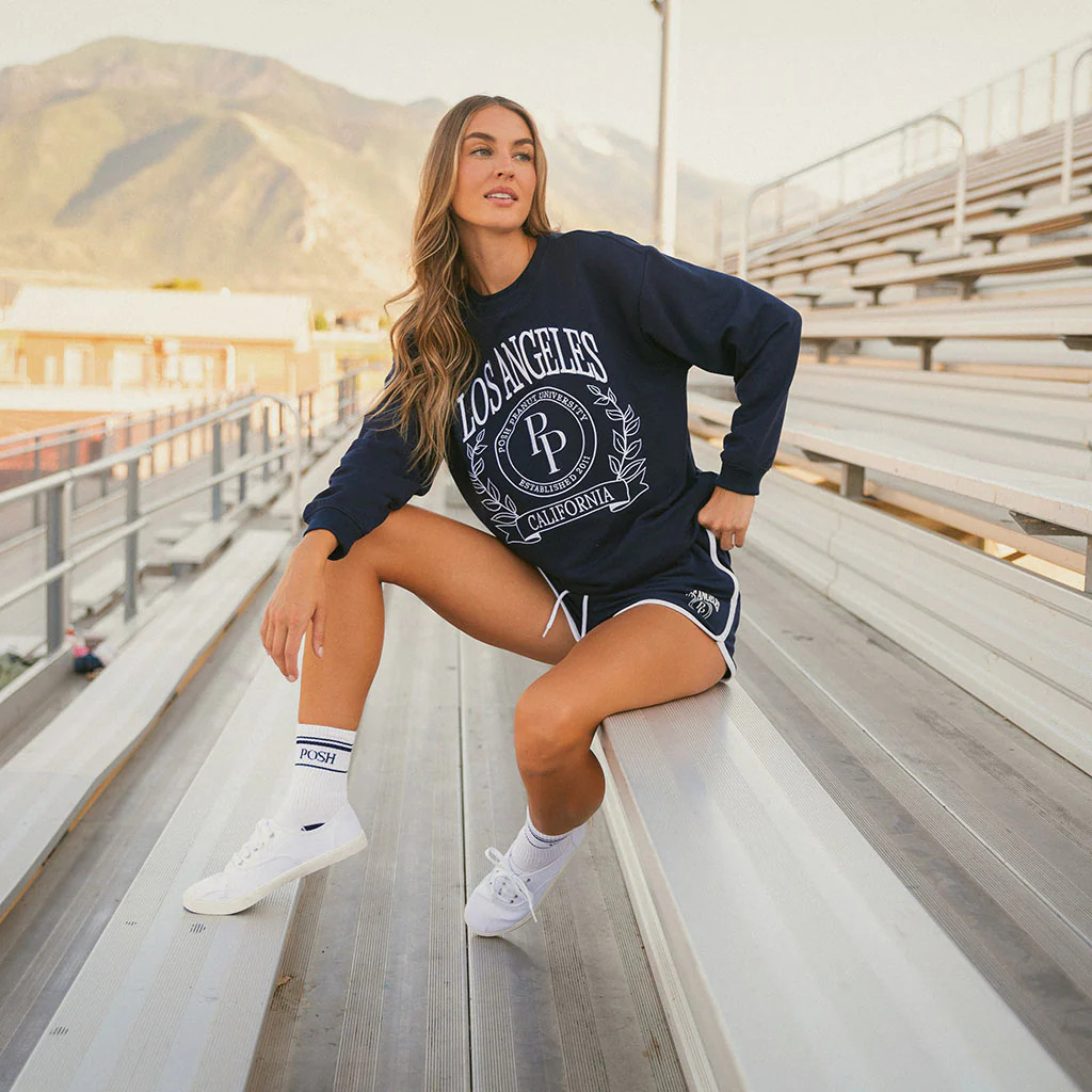 Collegiate Blue Long Sleeve Varsity Navy Women's Fleece Sweatshirt | Posh Peanut® | Posh Peanut