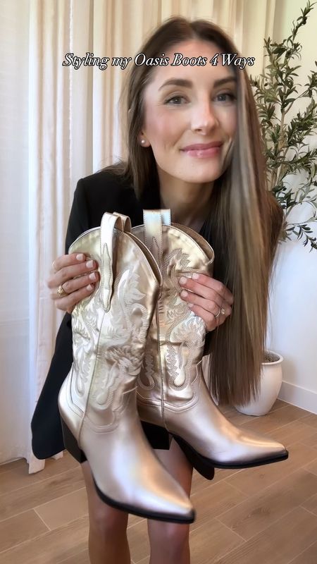 the boots that make any outfit better 🪩✨ love styling my new @oasissocietyshoes Amaya Champagne Western Boots. They are so fun and elevate any look, whether you’re going dancing or to the grocery store! 
#oasissociety #oasissocietypartner #ad #makeeverystepcount

#LTKshoecrush #LTKstyletip #LTKFestival