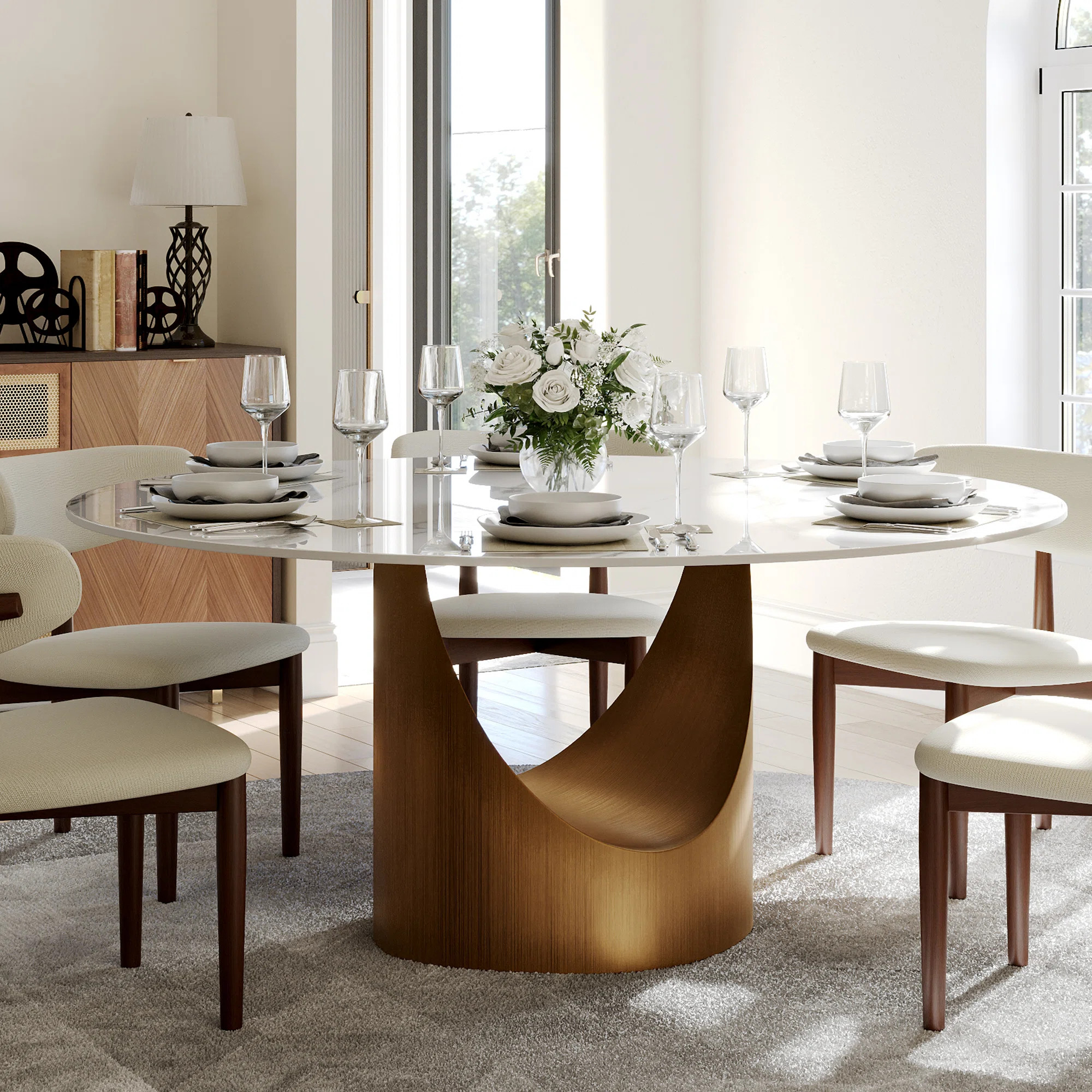 Marcalene 59" Modern Round Dining Table for 6-8，White Glossy Stone Tabletop,Bronze Carbon Pedes... | Wayfair North America