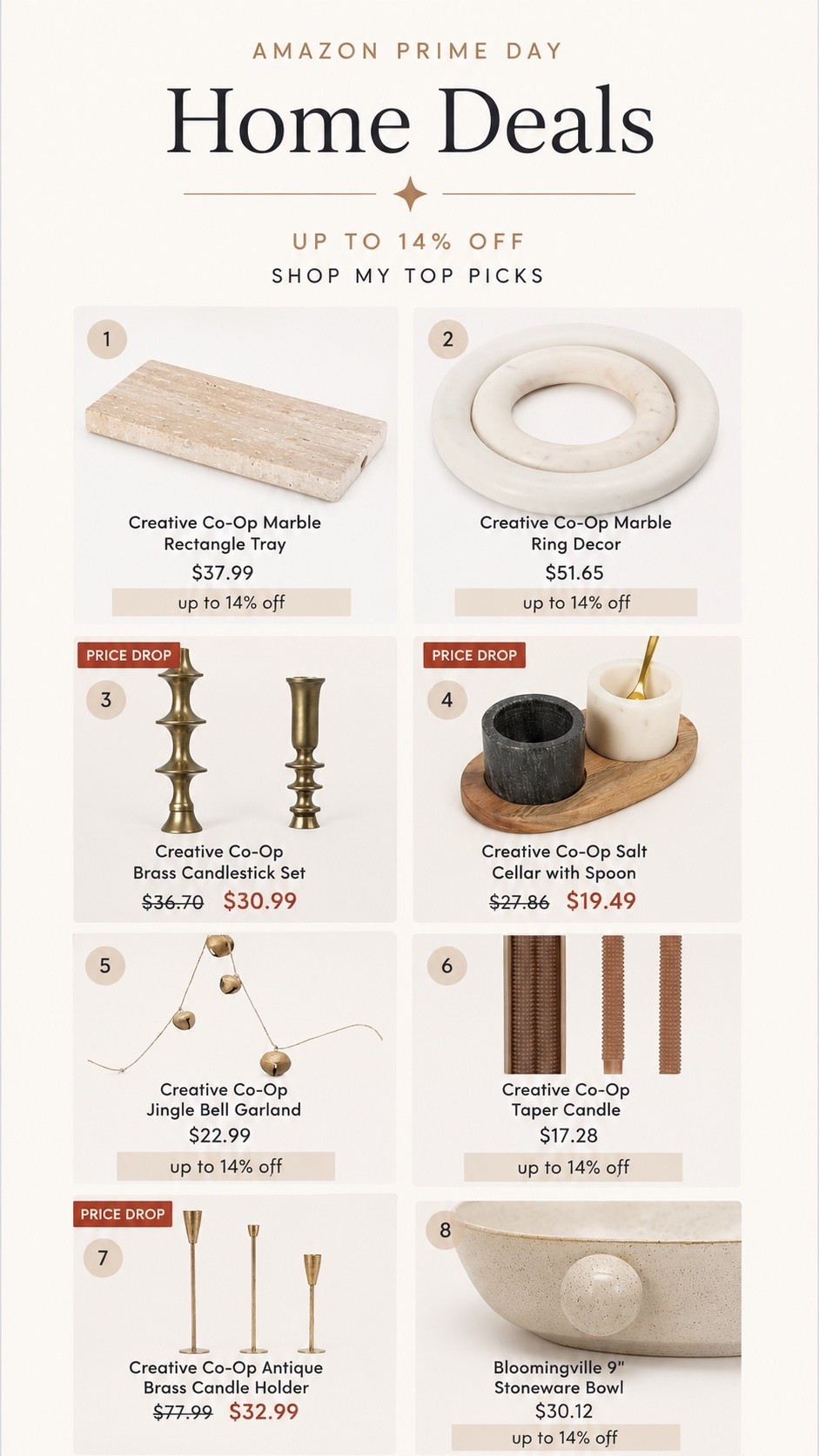 Prime Day Decor Deals

If your style leans neutral, organic, and collected, these Prime Day finds are worth a look. I’m loving the marble decor pieces, brass candle holders, stoneware bowl, bell garland, and textured taper candles. They have that designer look without the designer price tag, and several are currently marked down for Prime Day.

#AmazonPrimeDay #PrimeDayHome #NeutralDecor #OrganicModernHome #DesignerLookForLess #AmazonHomeFinds #LTKHome #HomeDecorInspo

#LTKHome #LTKSaleAlert #LTKSeasonal