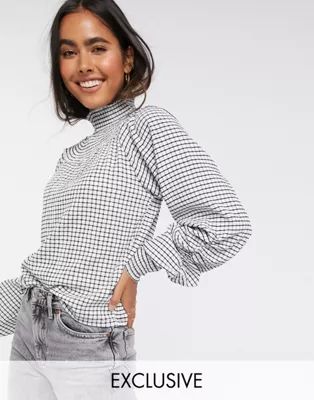 Y.A.S high neck blouse with balloon sleeve in monochrome check | ASOS (Global)