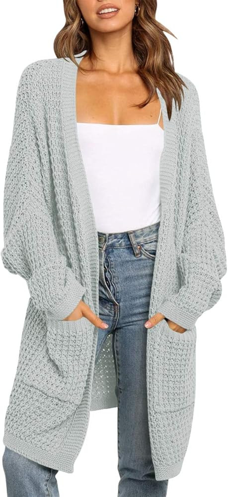 ANRABESS Women's Long Batwing Sleeve Open Front Chunky Knit Cardigan Sweater with Pockets | Amazon (US)