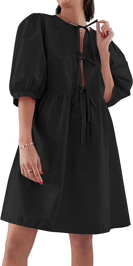 Women's Summer Dresses Tie Up Puff Sleeve Midi Dress Crew Neck Loose Fit Casual Y2K Beach Party D... | Amazon (US)