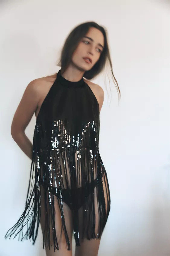 SEQUIN FRINGE HALTER TOP | Zara US
