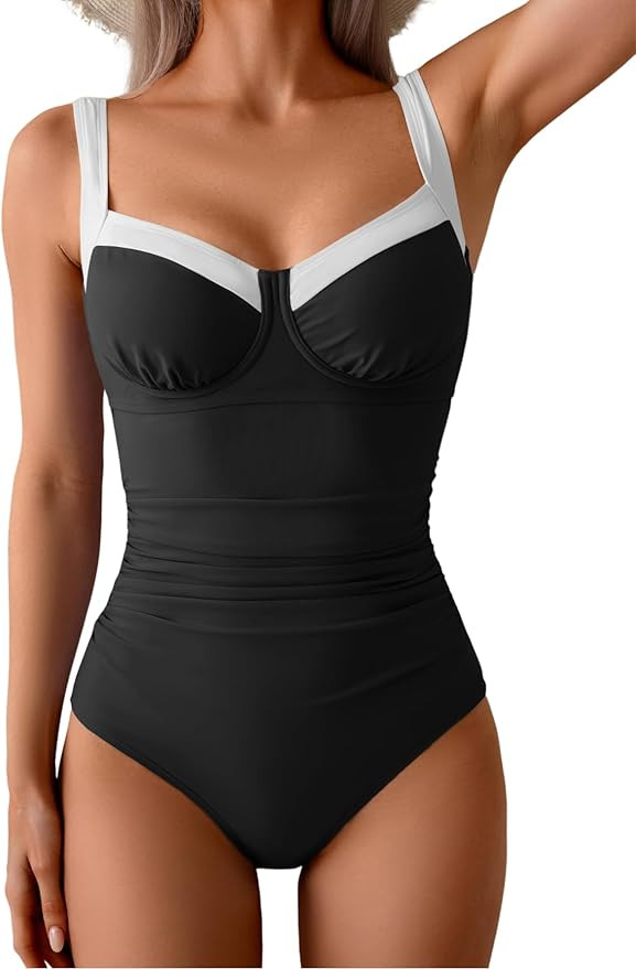 B2prity Women's One Piece Swimsuits Tummy Control Bathing Suits Push Up Swim Suit Color Block Swi... | Amazon (US)