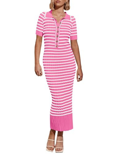 Saodimallsu Womens Bodycon Long Knit Dresses Summer Short Sleeve Striped V Neck Polo Elegant Midi Sweater Dress Pink | Amazon (US)