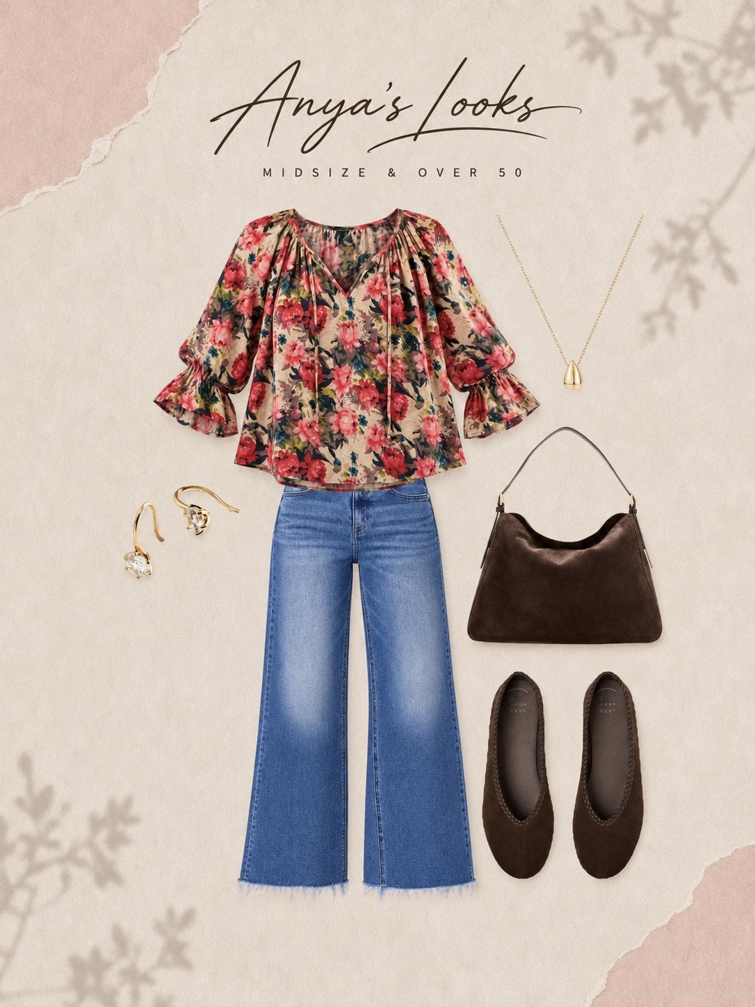 Easy Feminine Style Over 50

A pretty floral blouse paired with cropped wide-leg jeans for an easy balance of feminine and casual. The chocolate-brown bag and flats add warmth, while delicate gold jewelry gives the outfit a polished finish. A comfortable, flattering midsize look for women over 50 that works beautifully from late summer into fall.
