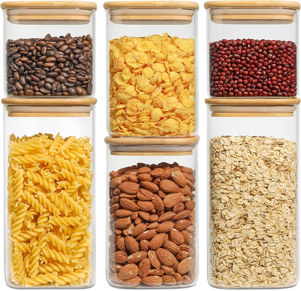 KTMAMA Glass Square Food Storage Container With Airtight Bamboo Lid, Set of 6 Stackable Kitchen P... | Amazon (US)