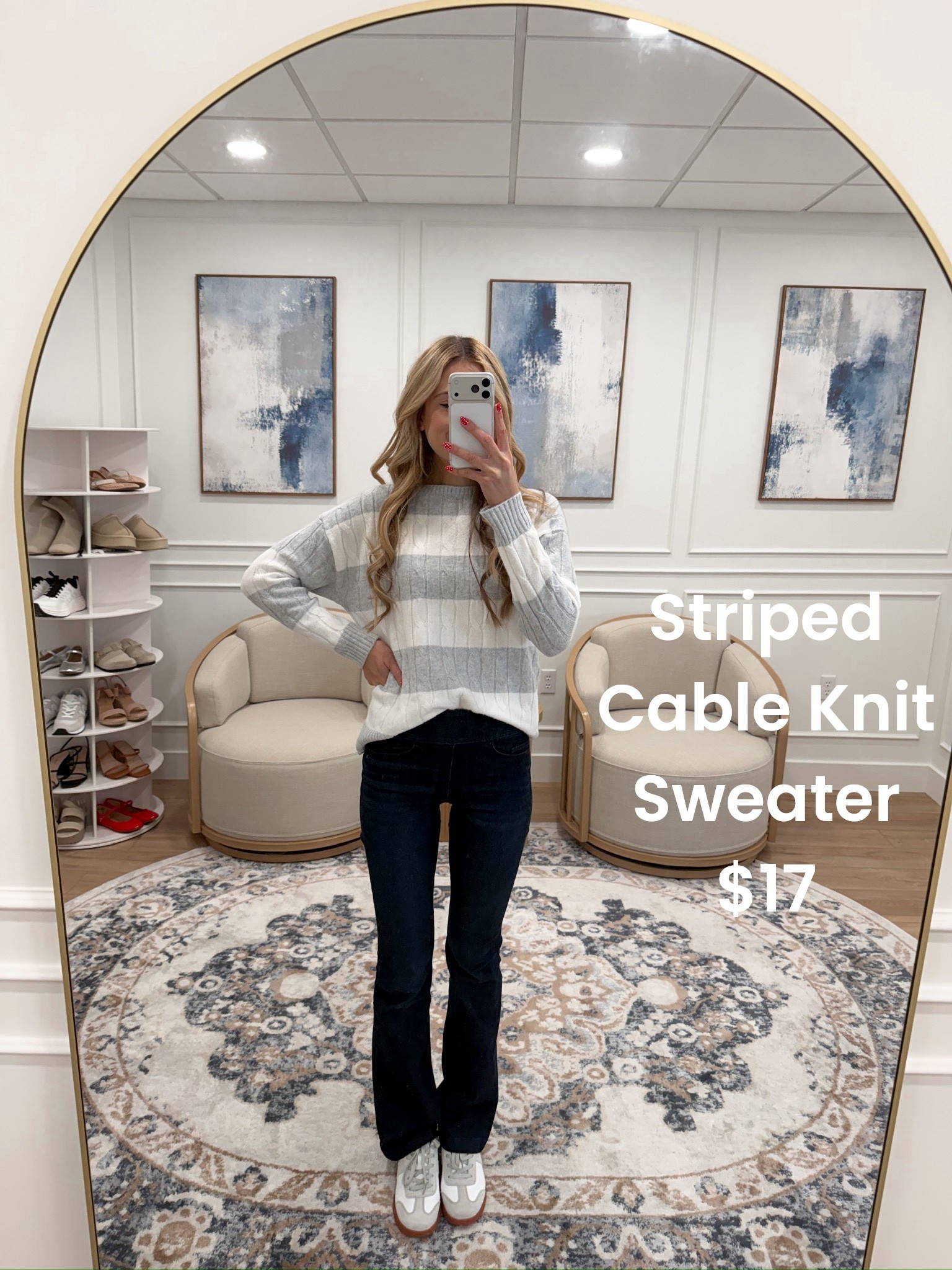 Winter neutrals from Walmart that look so high-end! ❄️🤍
This cozy striped sweater is the perfect everyday piece—warm, soft, and easy to dress up or down. Paired with these dark-wash flare jeans and sneakers… such a cute, casual winter look!

#LTKHoliday #LTKFindsUnder50 #LTKSeasonal