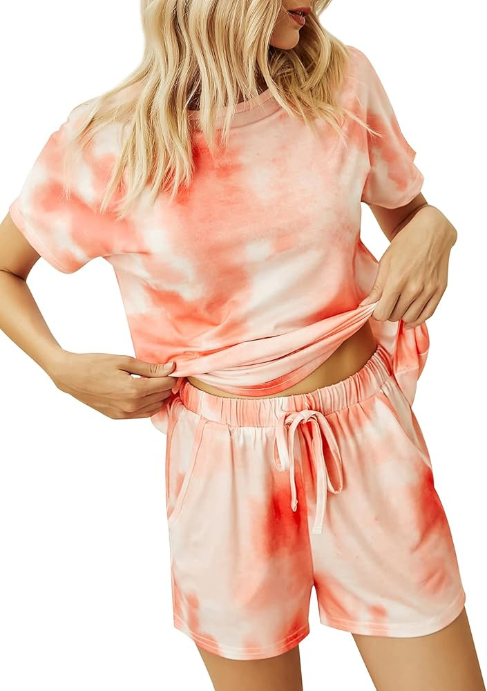 HOCOSIT Womens Tie Dye Printed Pajamas Short Sleeve Tops and Shorts Set Sleepwear 2 Piece Pjs Sets L | Amazon (US)