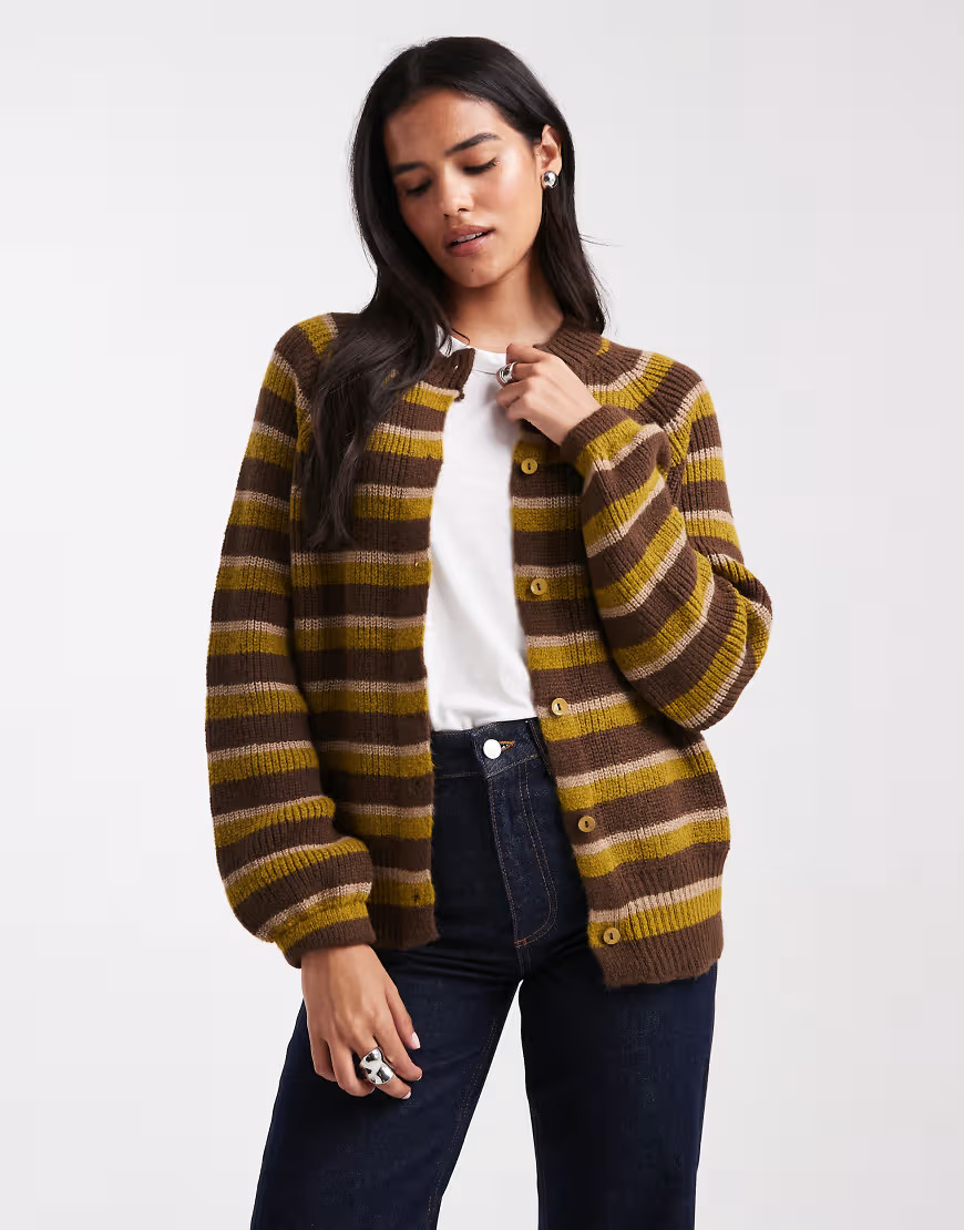 ASOS DESIGN knitted raglan cardigan in green stripe-Multi | ASOS (Global)