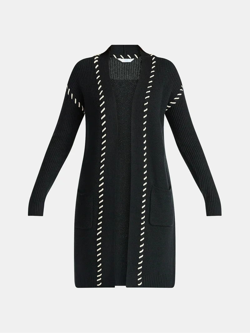 Time and Tru Women’s Longline Cardigan Sweater with Whipstitch Trim, Midweight, Sizes XS-XXXL | Walmart (US)