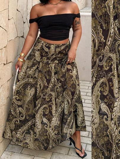 Rustia Vintage Cashew Flower Print Skirt, Pleated Low Waist Draped Skirt For Women, Exotic Retro ... | SHEIN
