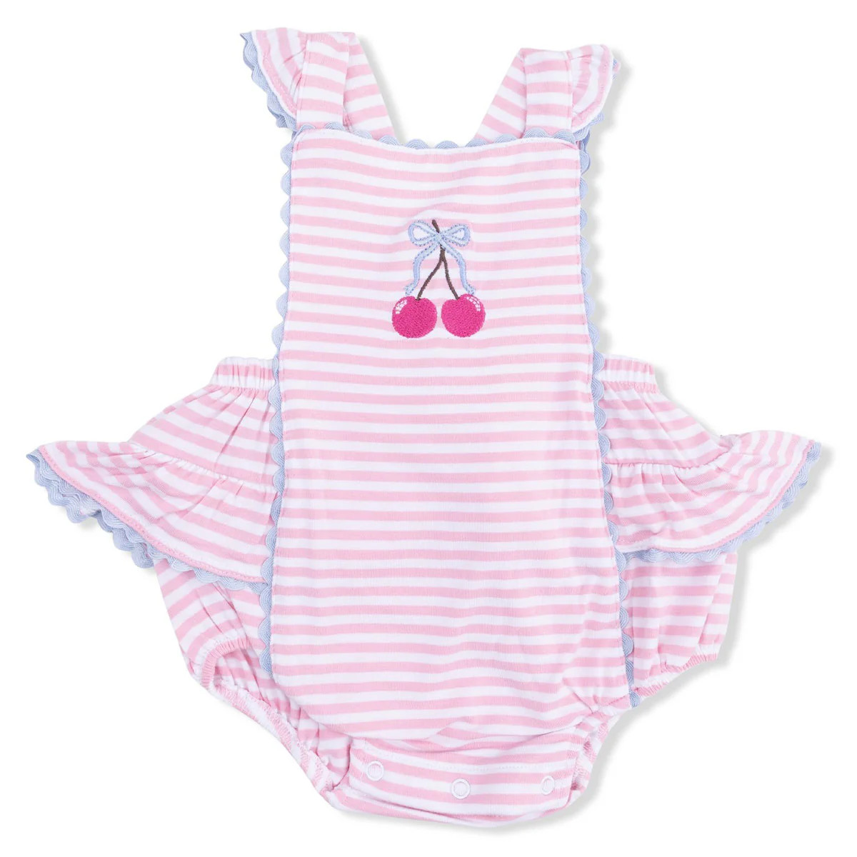 Ric Rac Ruffle Sunsuit, Cherry Stripe | SpearmintLOVE