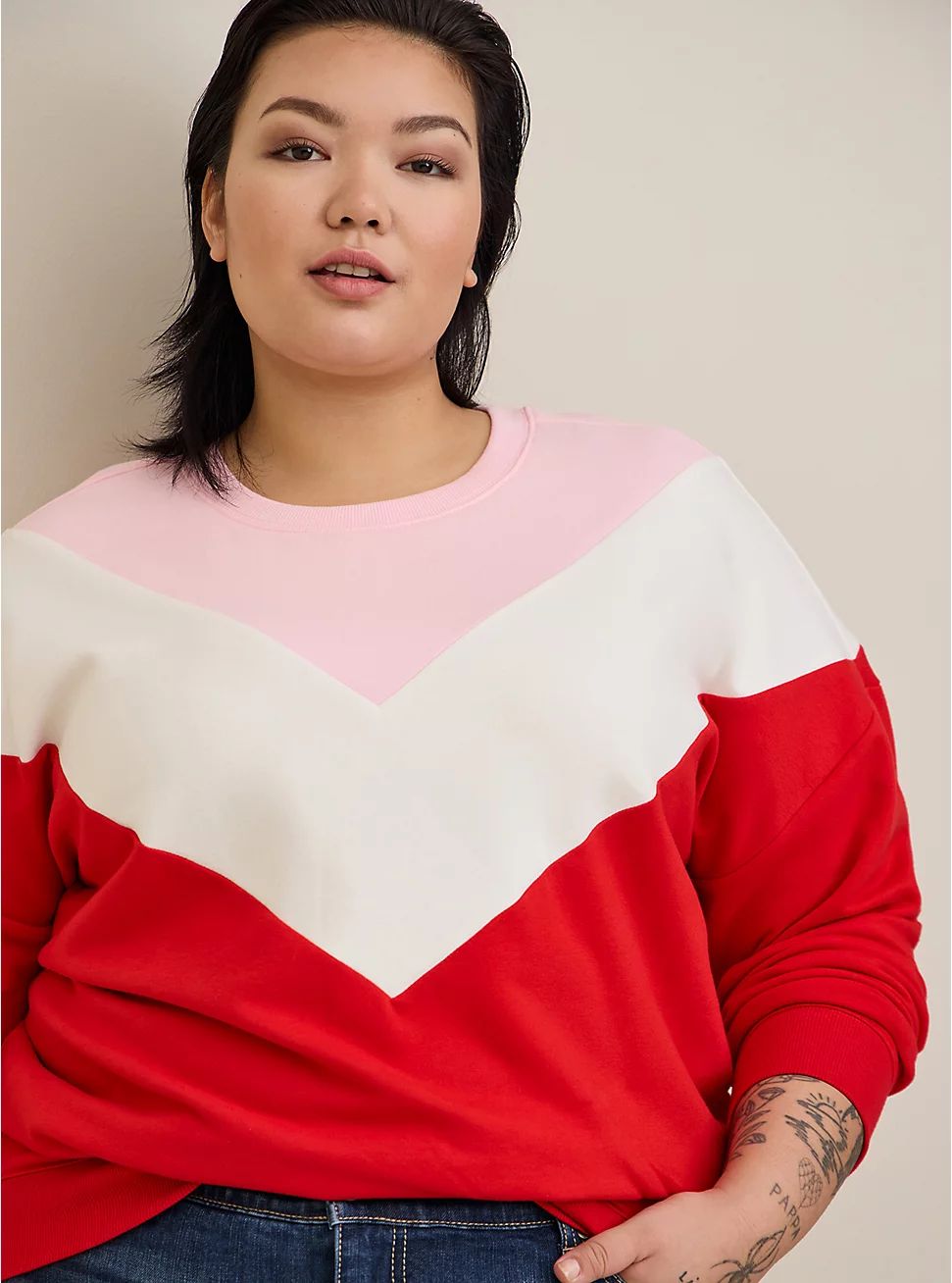 Relaxed Fit Super Soft Fleece Chevron Colorblock Lace Sweatshirt | Torrid (US & Canada)