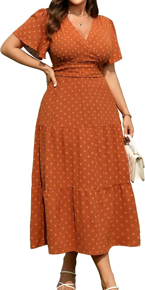 RWJ Women's Plus Size Wrap V Neck Dress Summer Short Sleeve Swiss Dot Empire Waist Casual Holiday... | Amazon (US)