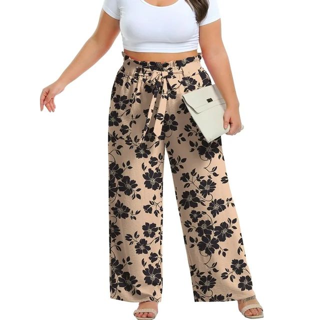 Cueply Women's Wide Leg Pants Plus Size Elastic Tie Knot Lounge Pants Loose Trousers with Pockets | Walmart (US)