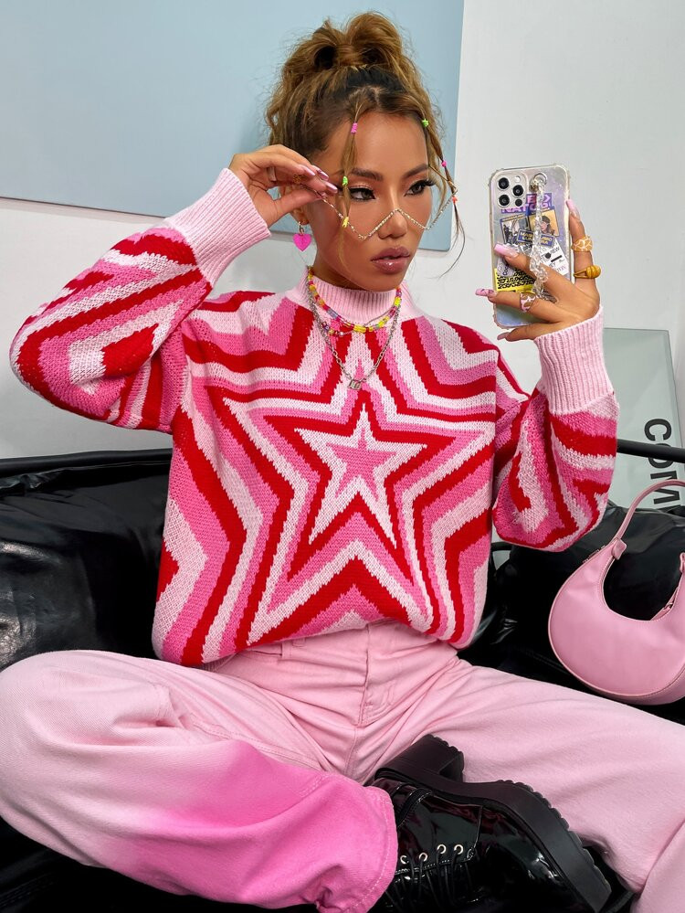 Mock Neck Star Pattern Drop Shoulder Sweater | SHEIN