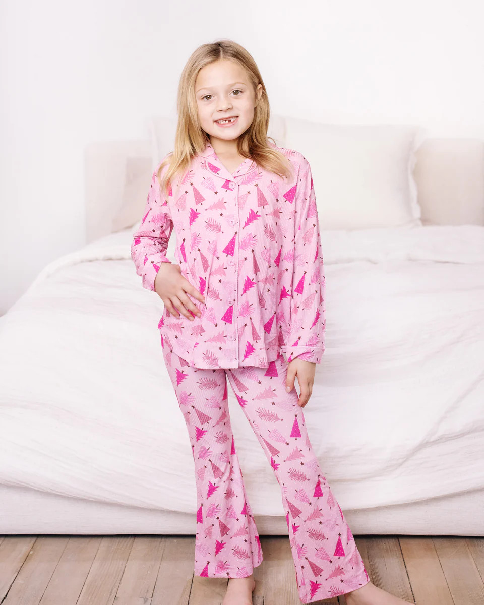 Pink Pine Tree Girls Flare Set | Little Pajama Co.