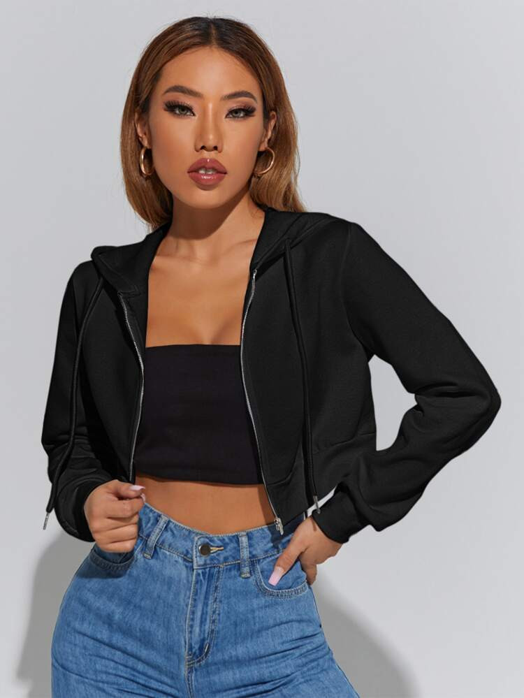 SHEIN PETITE Solid Zip Up Drawstring Hoodie | SHEIN
