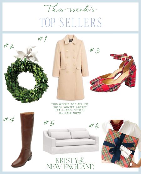 Top Sellers this week: #1 wool gold button jacket (on sale now), mini boxwood wreaths, red tartan block heels, brown leather tall boots, pottery barn York sofa, red tartan gift wrap

#LTKover40 #LTKHoliday #LTKhome