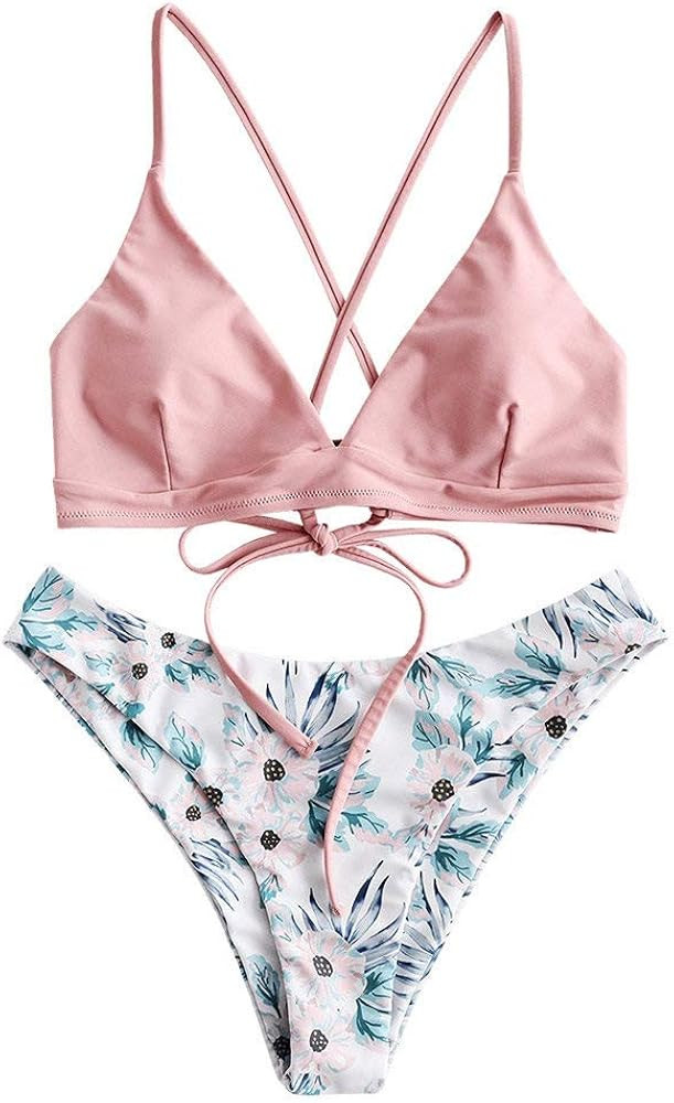 ZAFUL Women's Lace Up High Cut Padded Swimsuit Sunflowers Print Back Criss-Cross Spaghetti Straps... | Amazon (US)