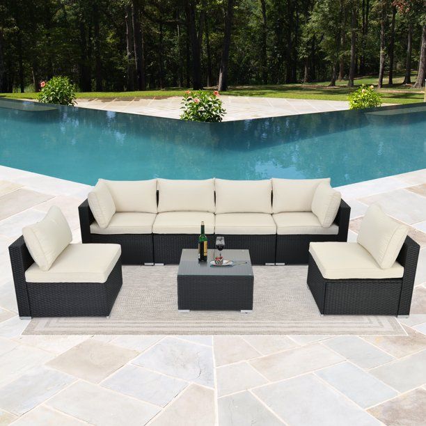 Sunvivi 7 Pc Outdoor Patio Sectional Set, Beige and Black PE Rattan with Table - Walmart.com | Walmart (US)