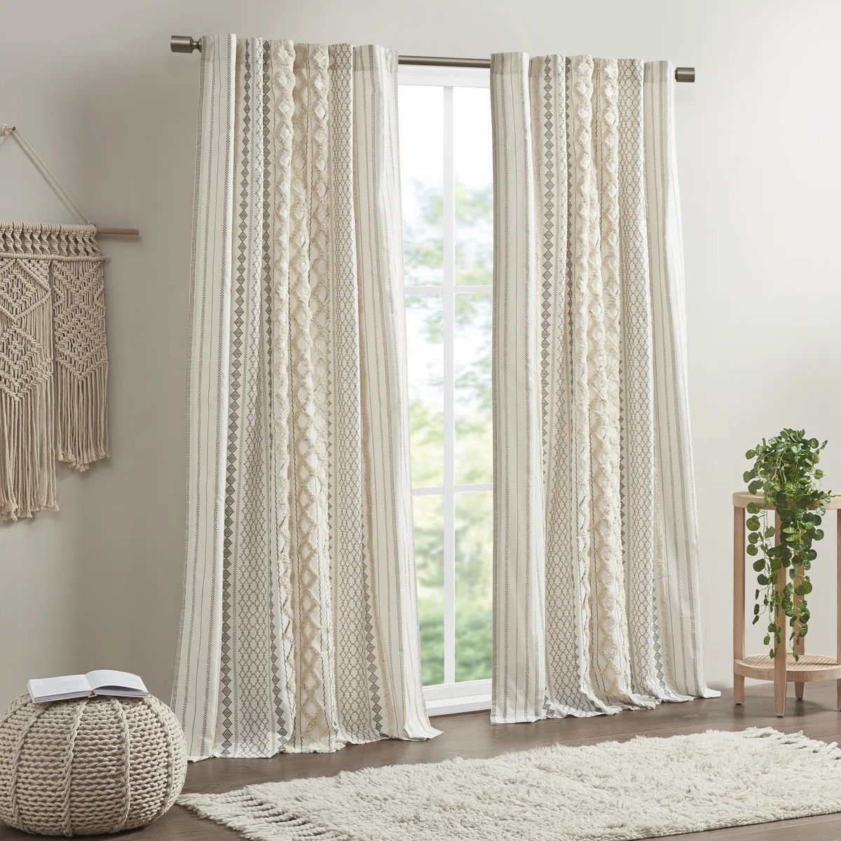 Imani 100% Cotton Printed Boho Single Curtain Panel with Tufted Chenille Stripe and Lining | Wayfair North America