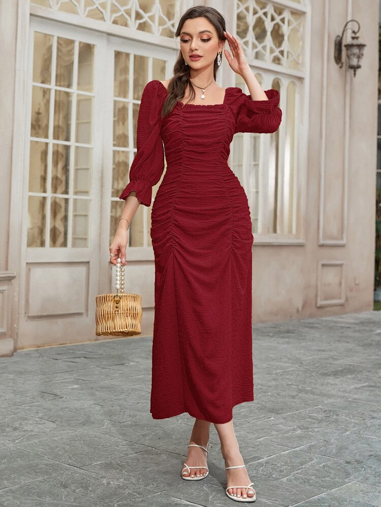 Swiss Dot Flounce Sleeve Ruched Frilled Dress | SHEIN