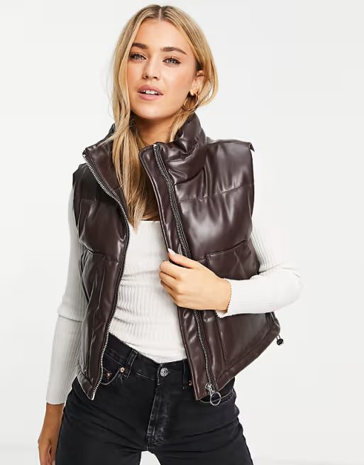 Pull&Bear cropped padded PU gilet with pockets in brown | ASOS (Global)