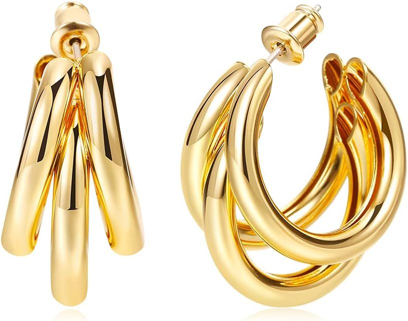 FAUTHENTICUTE 14K Gold Plated hoops Huggie Earrings for Women, Chunky Gold Split Huggie Earrings ... | Amazon (US)