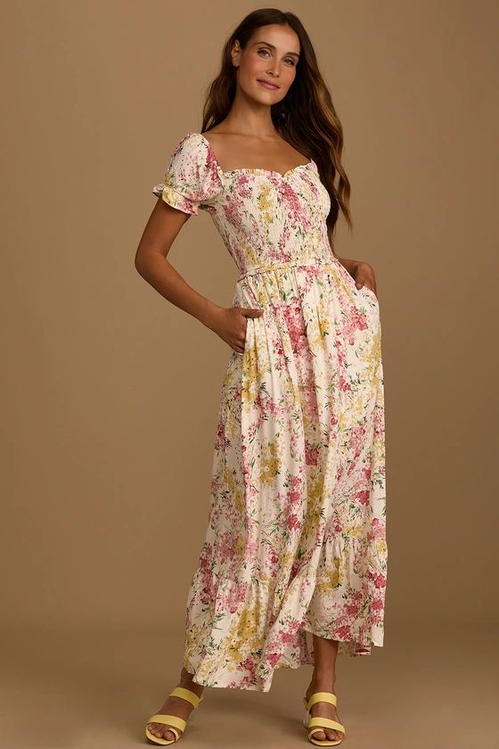 Always So Sweet Cream Floral Puff Sleeve Dress Short Sleeve Maxi Dress Yellow Floral Dress Yellow | Lulus