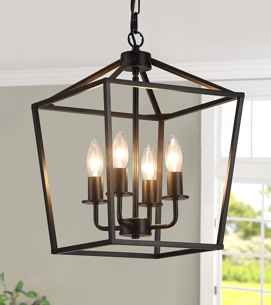 AMZASA UL Listed Black Industrial 4 Light Lantern Chandelier Ceiling Light Fixtures Farmhouse Met... | Amazon (US)