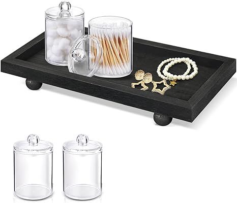 Bathroom Vanity Tray, Black Vanity Trays for Bathroom with 2 Pack Qtips Holder Dispenser Jars, Bl... | Amazon (US)