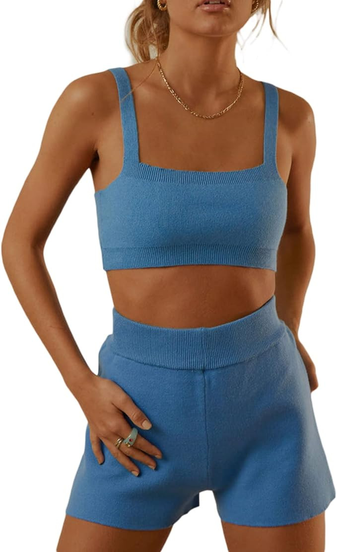 Newbgclo Women's Two Pieces Knitted Outfit Sleeveless Straps Floral Print Cropped Tank Tops High ... | Amazon (US)