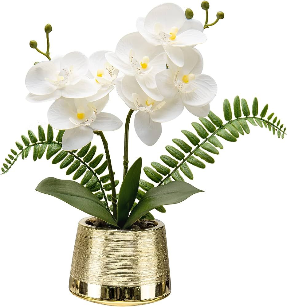 White Orchids Artificial Flowers in Gold Pot Faux Phaleanopsis Orchid Bonsia Fake Orchid Centerpi... | Amazon (US)