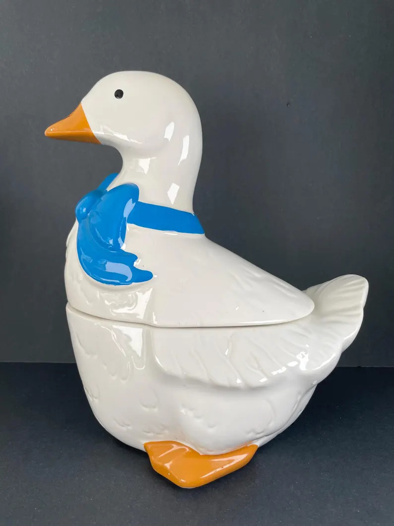 Vintage white duck cookie jar ceramic mother goose 1980s collectible porcelain blue bow ribbon | Etsy (US)